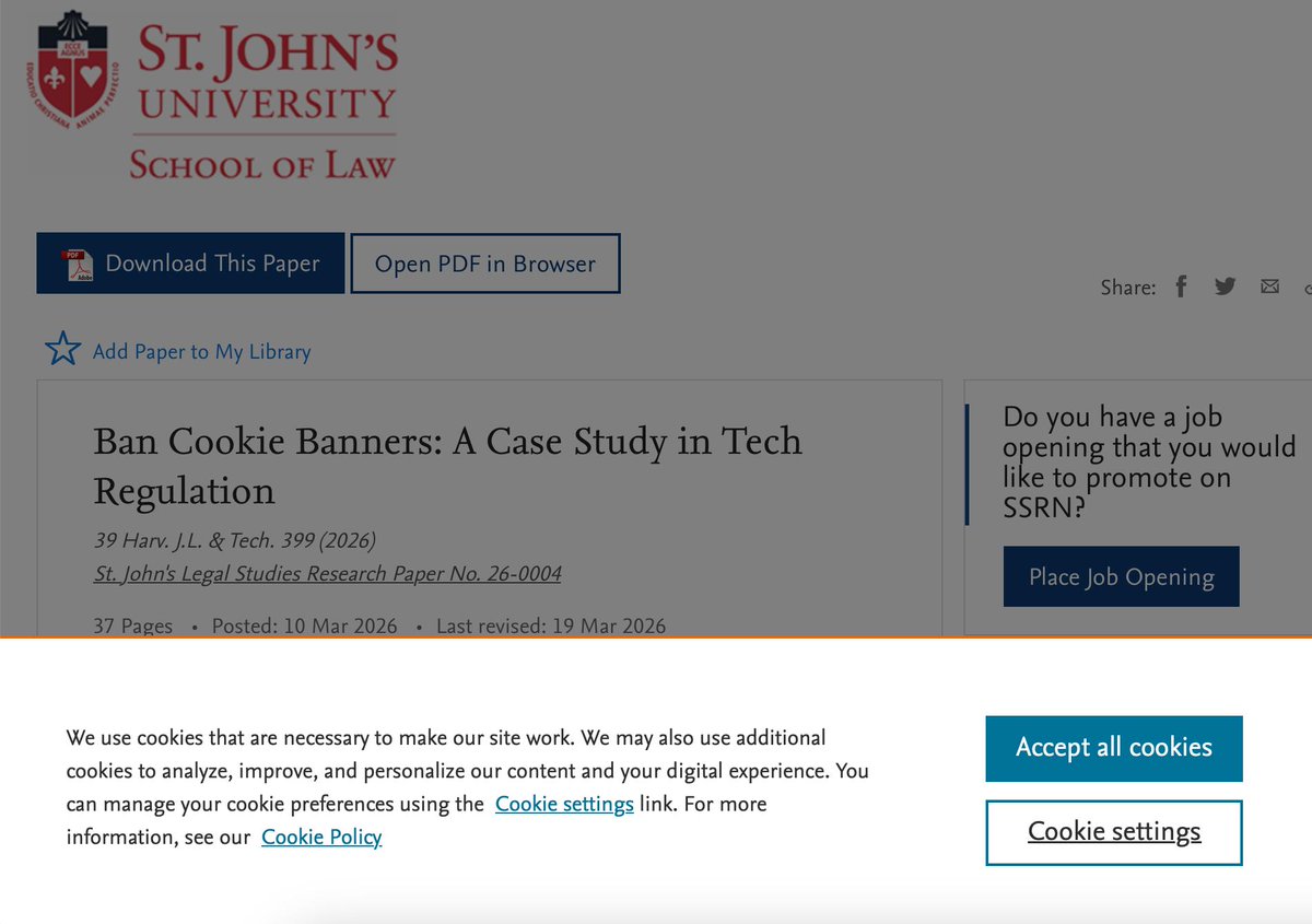 Klonick's tweet photo. So please, spread this far article far and wide. If my legacy as a scholar was to be part of the end of cookie banners, I would die a happy legal academic.  

Oh and don't forget to appreciate the irony when you click on the link to download :) 

5/5 https://t.co/B0sb8jFLMi