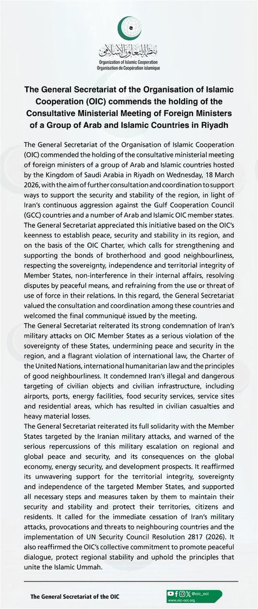OIC_OCI's tweet photo. The General Secretariat of the Organisation of Islamic Cooperation (#OIC) commends the holding of the Consultative #Ministerial Meeting of #Foreign_Ministers of a Group of Arab and Islamic Countries in #Riyadh https://t.co/K0vsr78iJe