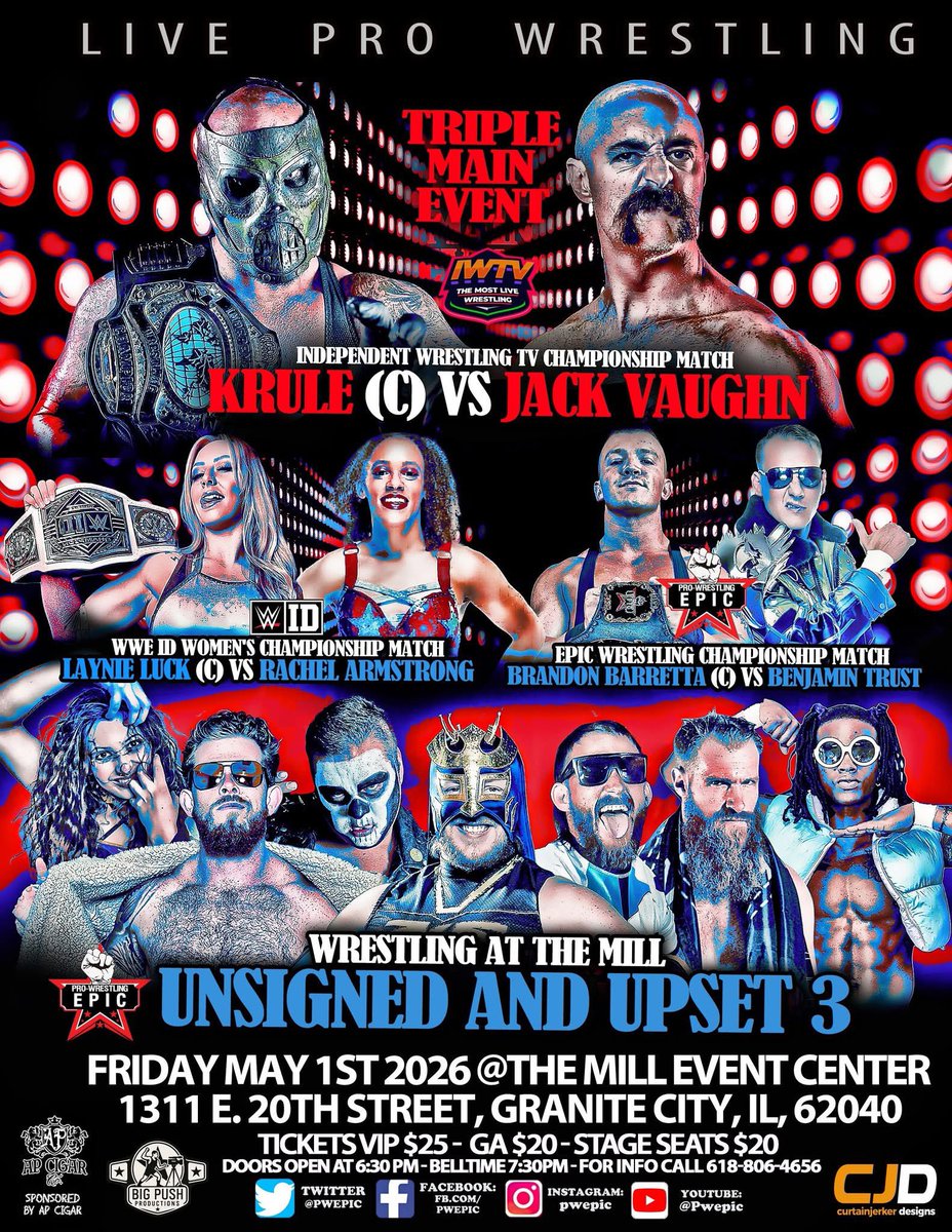 PWEpic's tweet photo. Granite City! We are back May 1st live at The Mill in a Triple match MAIN EVENT 

Tickets are still available get them before they are sold out! 

https://t.co/tXWRIJ3YD2

#WWE #RAW #AEW #NXT #AEW #STL #ALTONIL https://t.co/rZqhZprKAS