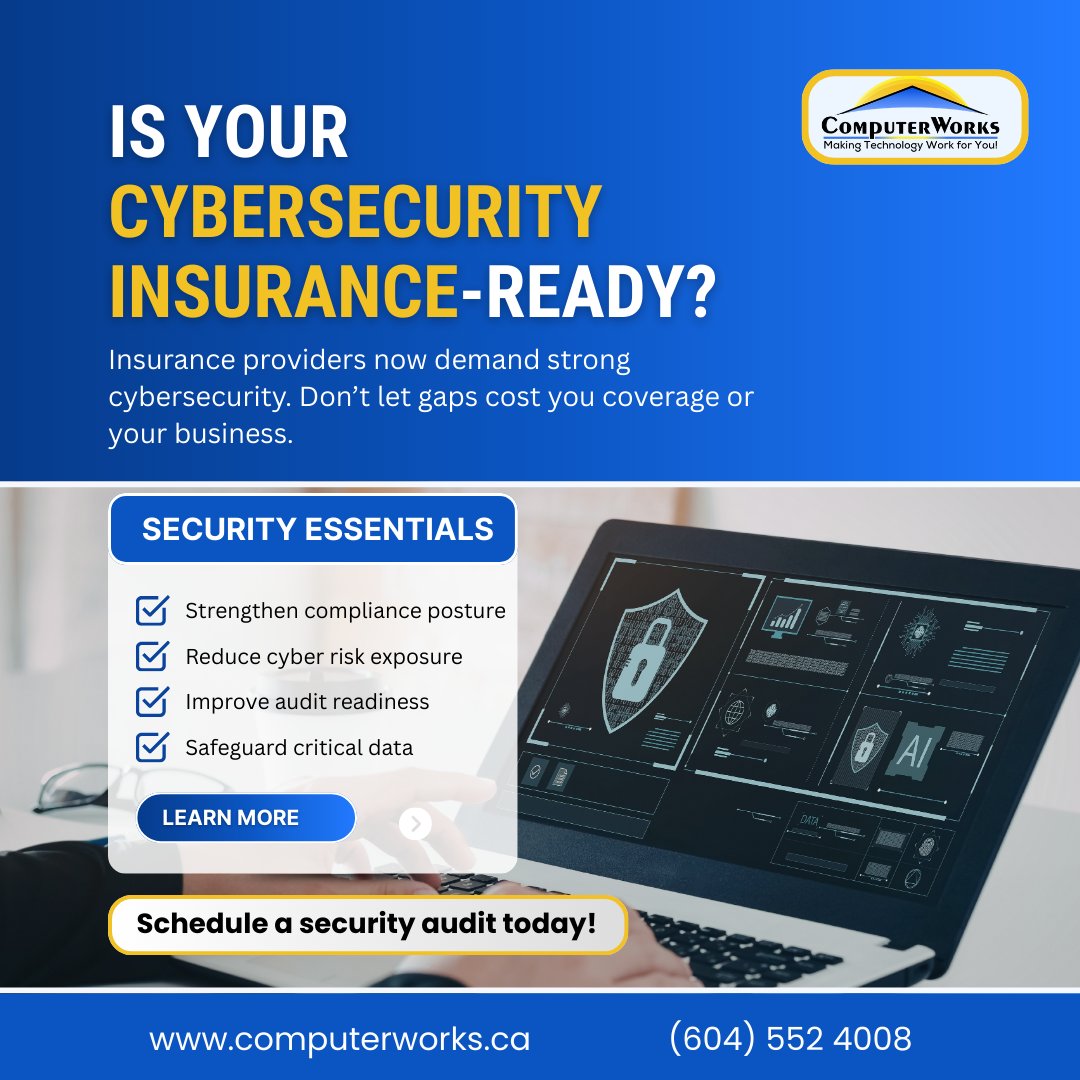 Computer_Works_'s tweet photo. A single vulnerability can cost you your cyber insurance. ⚠️

Don’t wait for a breach to act.
Protect your data. Strengthen your defenses.

Schedule your audit now.

#CyberThreats #BusinessSecurity #StayProtected https://t.co/oXncYMzVJz