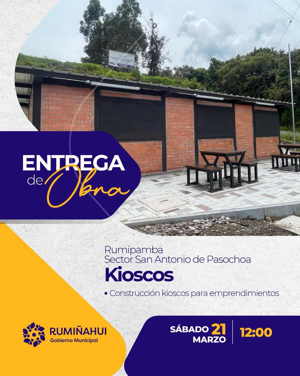 ✨Te invitamos a la entrega de obra de los kioscos en Rumipamba, sector San Antonio de Pasochoa, un espacio que impulsa los emprendimientos locales y fortalece la economía de nuestra comunidad.

📅 Este sábado 21 de marzo
🕛 12:00

🤝 Acompáñanos en este importante momento