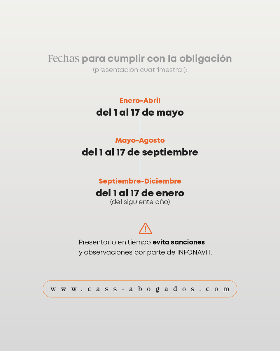 CASSabogados's tweet photo. ¿Sabes qué es el SISUB?
El Sistema de Información de Subcontratación (SISUB) es la plataforma electrónica mediante la cual los patrones que brindan servicios u obras especializadas cumplen con la obligación establecida en el artículo 29 Bis de la Ley del INFONAVIT.
¿Quiénes deben presentarlo?
Personas físicas o morales que cuenten con registro ante la Secretaría del Trabajo y Previsión Social (STPS) y que tengan celebrados contratos para la prestación de servicios especializados.