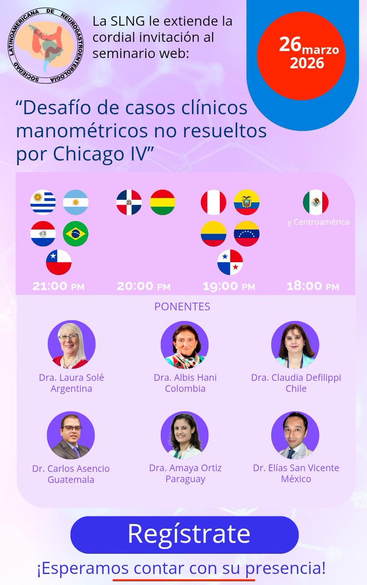 motilidad's tweet photo. Te invitamos a formar parte del seminario web:
“Desafío de casos clínicos manométricos no resueltos por Chicago IV”
📅 26 de marzo 2026
⏰ Consulta el horario según tu país
👉 Regístrate en:
https://t.co/wXwYIMe2X5
#Neurogastroenterología #Motilidad #EducaciónMédica #SLNG https://t.co/6XF4zbaNNf