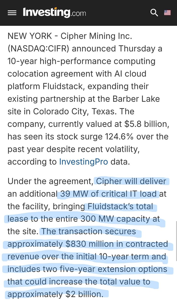 IBHenryJ's tweet photo. "Fluidstack has abandoned a $11.5 billion data center project in northern France to PRIORITIZE U.S. OPERATIONS, according to a Bloomberg report Thursday."
$CIFR 👀🫡
I see you @rftylerpage wen moar deal with #Fluidstack
https://t.co/126ErTZtXA https://t.co/0Aga3NWOx2