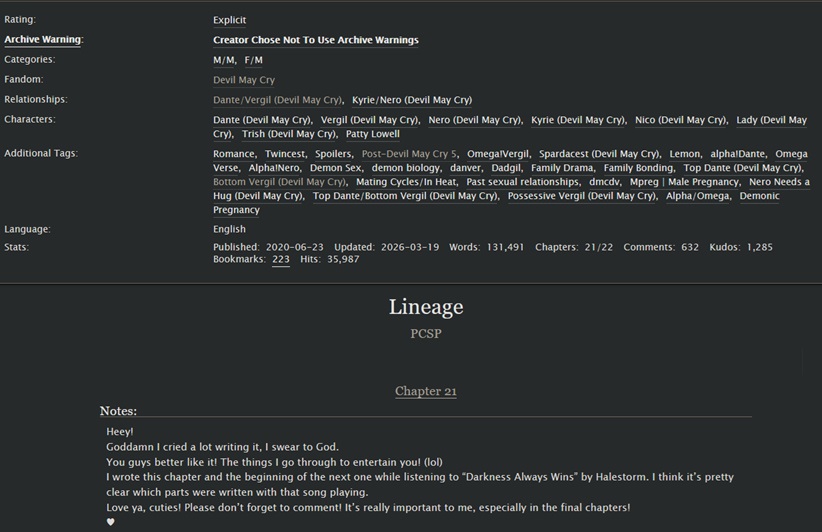 pcspfics's tweet photo. LINEAGE - Chapter 21!!       

We are closer to the end!

I hope you guys like it! 🥰

https://t.co/tNRKIzfd3Q

https://t.co/RIuVNsrBEY

#DevilMayCry #DMC #Spardacest #Danver #NeroKiri #Dante #Vergil #Nero #Kyrie #fanfiction #dmcdv https://t.co/Br9znERBlI
