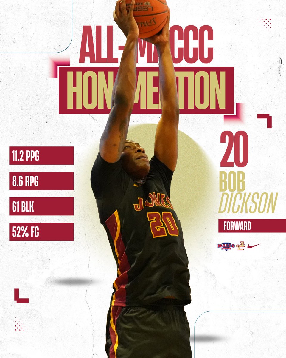Bob Dickson rounds out a league-high five All-MACCC selections for Jones College, averaging a near double-double. He's 3rd in the MACCC in blocks and had a 16/27/10 triple-double back in November. 

#ChampionshipMentality