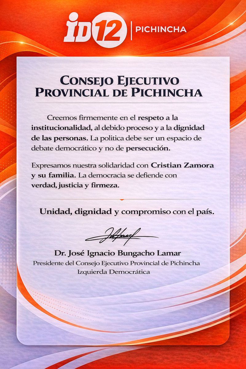 Consejo Ejecutivo Provincial de Pichincha
Creemos firmemente en el respeto a la institucionalidad, al debido proceso y a la dignidad de las personas. ⚖️La política debe ser un espacio de debate democrático, de ideas y propuestas para el país 🇪🇨, no de persecución.