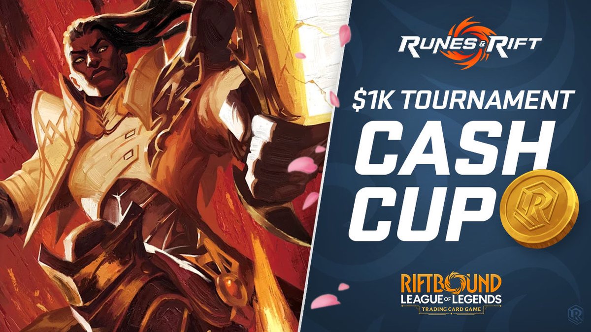 We’re back with another $1K #Riftbound Cash Cup! 💰

📅 Saturday, March 28
- 11:30AM EST / 8:30AM PST
- Early Bird: $16 USD ends March 23
- Standard: $20
- Open to all regions

Played online via TCGA. This will be the final Cash Cup of Spiritforged!

⬇️ Sign-ups &amp; tickets below