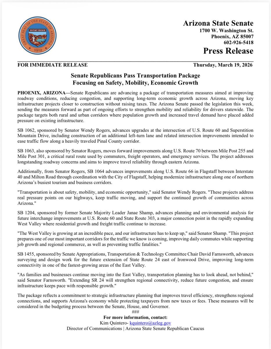 IMMEDIATE RELEASE: Senate Republicans Pass Transportation Package Focusing on Safety, Mobility, Economic Growth.