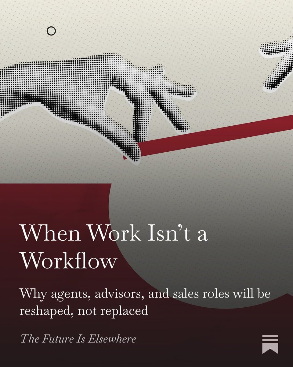 mikewalsh's tweet photo. The prevailing story about AI and jobs is seductively simple: break work into tasks, measure how many can be automated, and once enough of them are, the job disappears. That logic works well for routine work. But in high-stakes, human-facing roles, especially those performed by agents and advisors, it rests on a fragile assumption: that jobs are just workflows, collections of discrete steps that can be taken apart without changing where value is actually created—or whether it can be created at all. https://t.co/4adb1keqsR