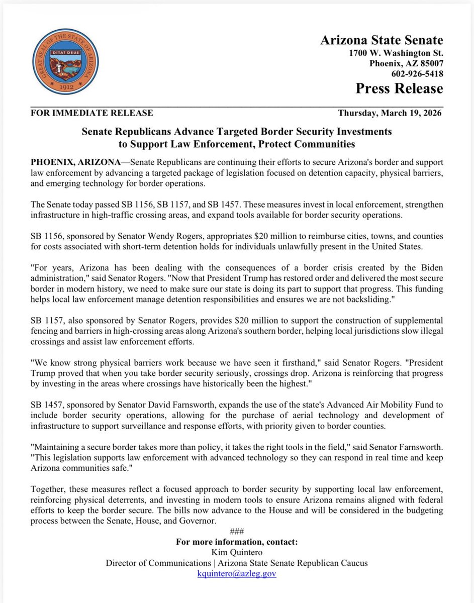 IMMEDIATE RELEASE: Senate Republicans Advance Targeted Border Security Investments to Support Law Enforcement, Protect Communities.