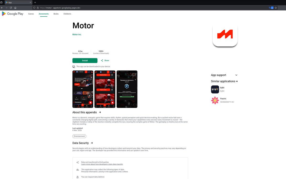 Malwarehunterr's tweet image. 🚨 Potential Phishing / Malicious App Distribution

Fake Google Play page detected:

motor--appstore-googleplay/.pages/.dev (Language: Russian)

Redirects users to download an APK from:

shadowroute/.co/motor

#Phishing #Malware #ThreatIntel #AndroidSecurity @500mk500