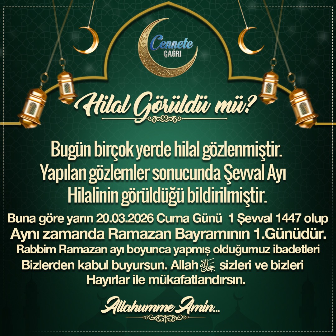 CenneteC's tweet photo. Hilal Görüldü mü? 
Bugün Avusturya, İngiltere ve Almanya'da hilal gözlenmiştir. Buna göre yarın 20.03.2026 Cuma Günü 1 Şevval 1447 olup aynı zamanda Ramazan Bayramının 1. Günüdür.  
Hilal Şevval Hilali #cenneteçağrı #ebunuhhoca Ramazan Bayram Hayırlı Bayramlar https://t.co/E9D2sZwRZi