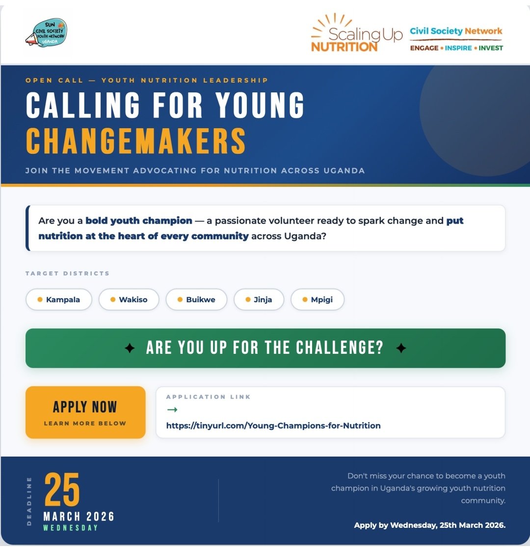 Are YOU ready to be a Young Champion for Nutrition?
@SUNCSNetwork is calling changemakers in Kampala, Wakiso, Buikwe, Jinja &amp; Mpigi to join the movement putting nutrition at the heart of every community 
📅 Deadline: 25th March 2026 🔗 Apply → tinyurl.com/Young-Champion…