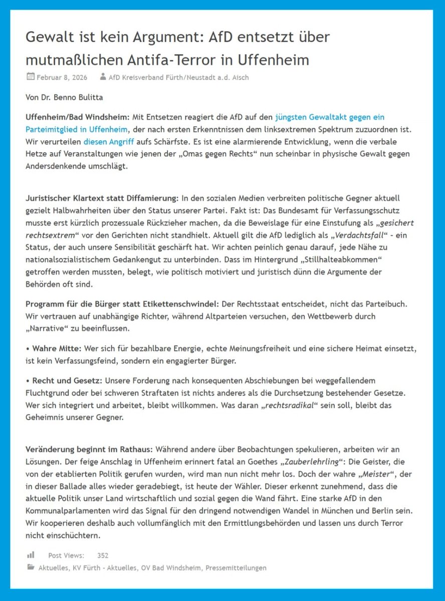 Der_Aufrichtige's tweet photo. Schuhe zu schieben.
Die PM des #AfD-Kreisverbandes #Fürth/Neustadt an der Aisch vom 8. Februar: „Mit Entsetzen reagiert die AfD auf den jüngsten Gewaltakt gegen ein Parteimitglied in #Uffenheim, der nach ersten Erkenntnissen dem linksextremen Spektrum zuzuordnen ist.“ https://t.co/uhDdPQNNos