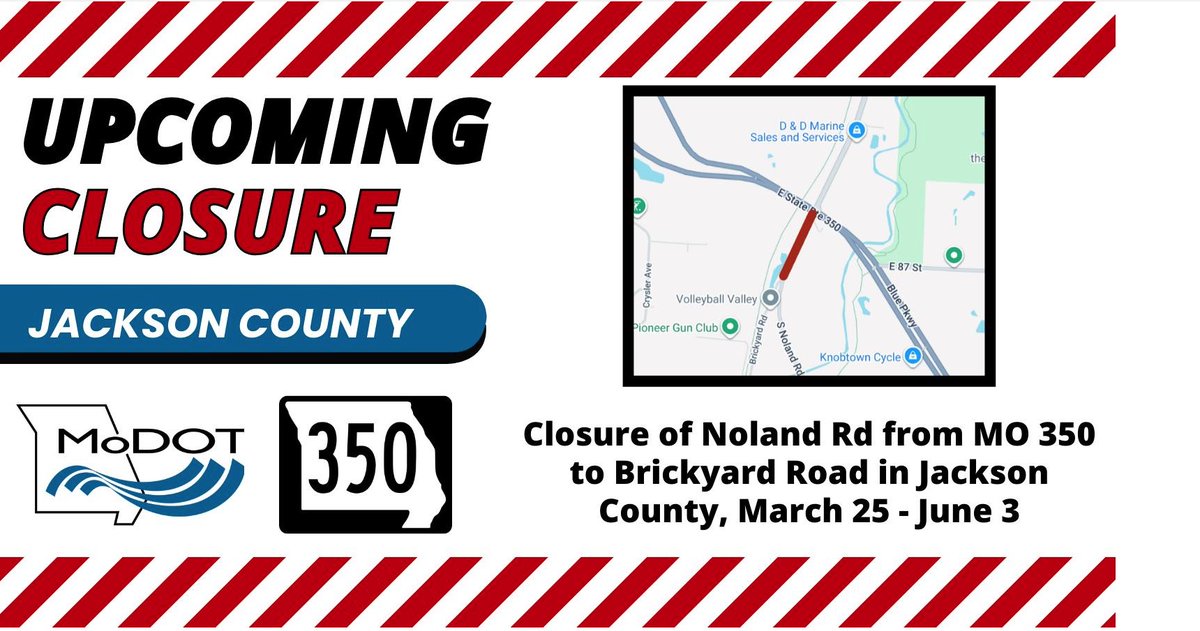 CityofRaytown's tweet image. Road Work Alert, Raytown!

MoDOT will CLOSE Noland Rd from 350 to Brickyard Rd for widening/repaving, starting Wed. March 25 at 6 am until June 3. 

All work is weather permitting. 

#Raytown