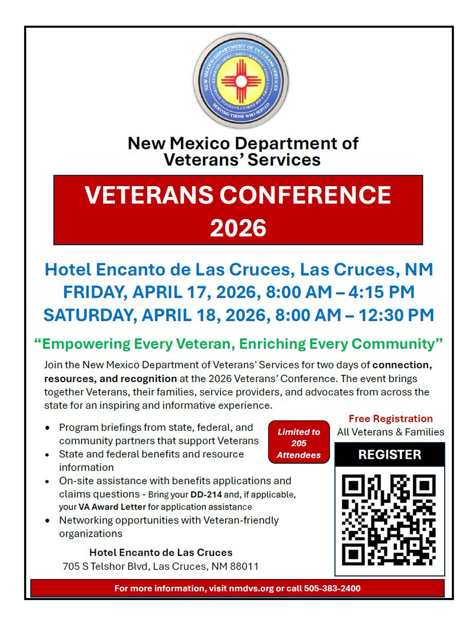 NMSUMVP's tweet photo. Annual 2026 Veterans Conference, April 17 - April 18, at Hotel Encanto de Las Cruces (705 S. Telshor Blvd., Las Cruces, NM 88011). Free/Open to Veterans and their families. Must register at: https://t.co/Fj0jlWndbI https://t.co/NQVlo0PjFj