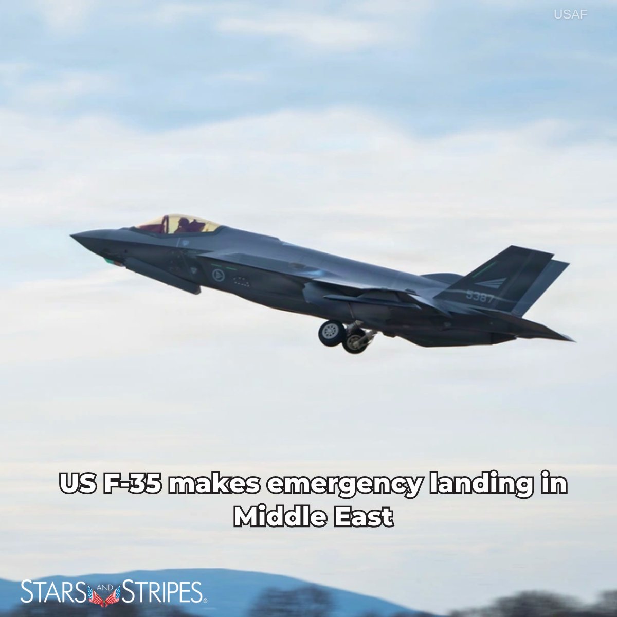 starsandstripes's tweet photo. JUST IN: A U.S. F-35 fighter jet made an emergency landing at a U.S. air base in the Middle East after flying a combat mission over Iran.

The aircraft was reportedly struck by what is believed to be Iranian fire, though U.S. Central Command said the incident is under investigation.
https://t.co/Q2mocJeOor