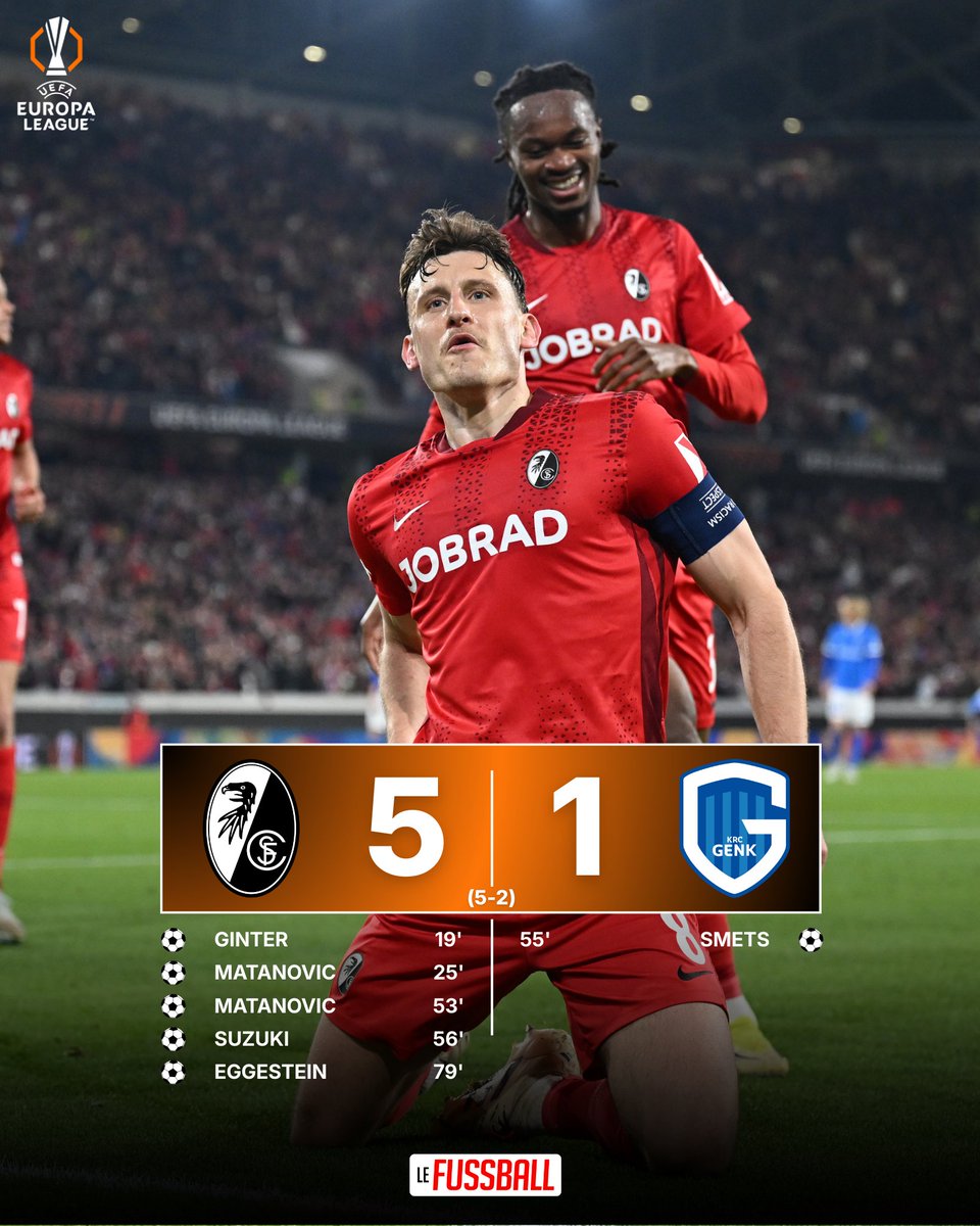 LeFussballMedia's tweet photo. 😍QUALIFICATION DU SC FREIBURG !!!
Le SCF s'impose 5-2 sur l'ensemble des deux rencontres et fil en quart de finale !
#UEL #FREGEN #SCFKRC