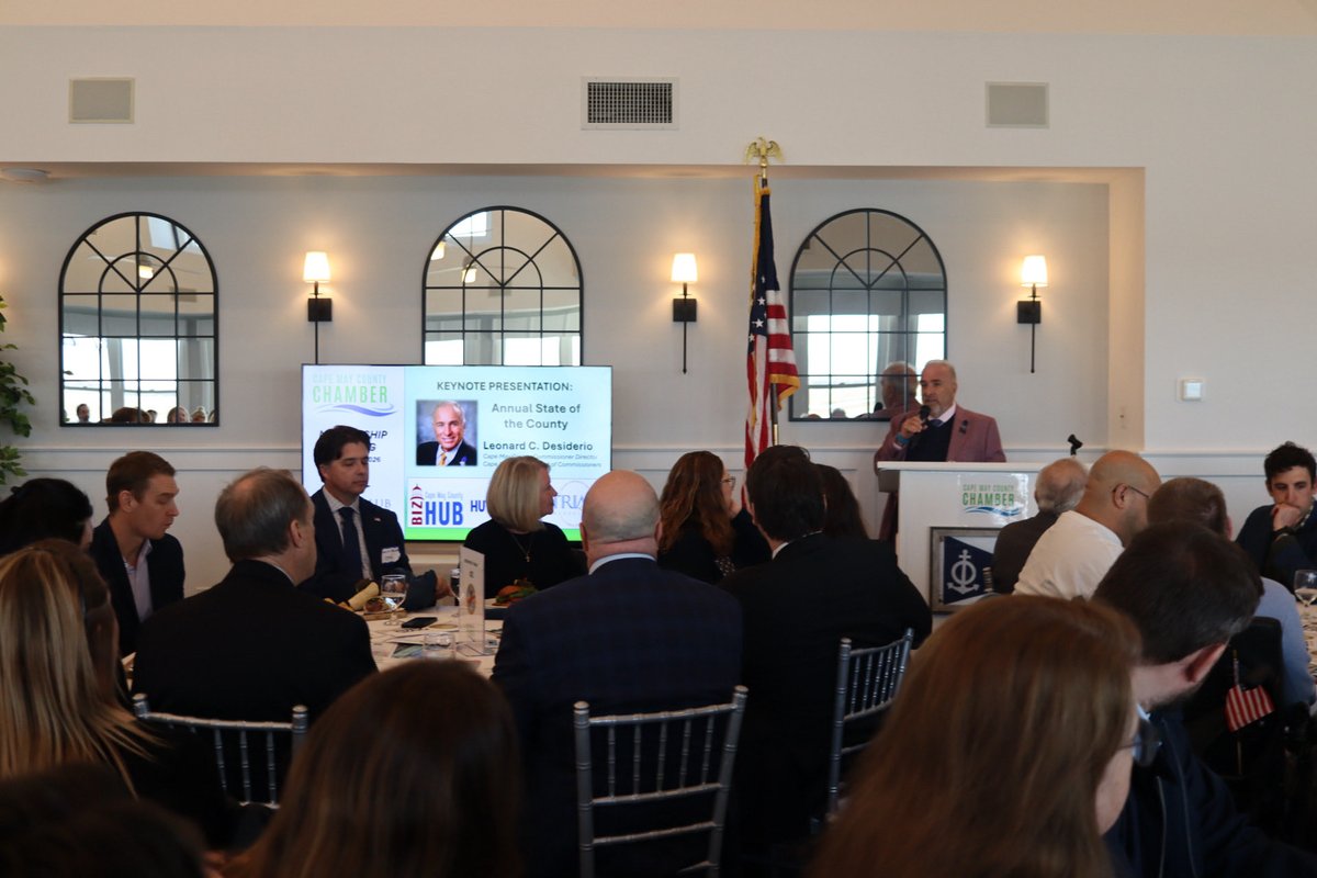 CMCGovernment's tweet photo. Cape May County Commissioner Director Leonard C. Desiderio delivered the 2026 State of the County at the Cape May County Chamber of Commerce Membership Meeting in Sea Isle City, highlighting another year of strong fiscal management, infrastructure investment, and community impact https://t.co/YBOu0QkjL9