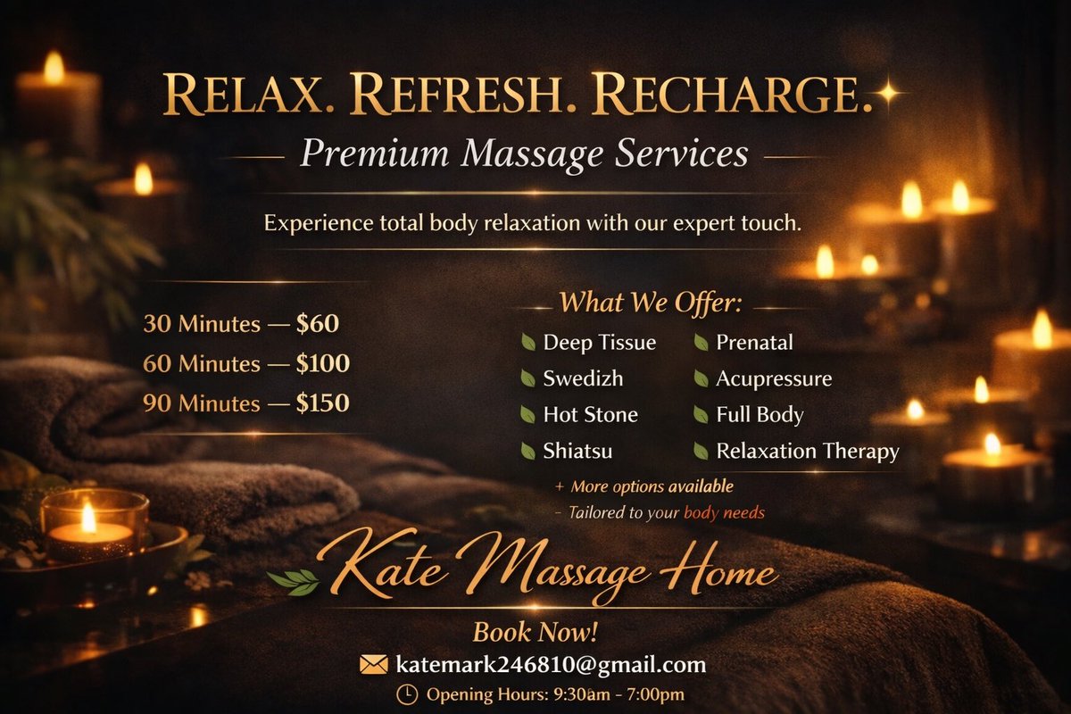 demimark24's tweet photo. Book a massage today 💆‍♂️ 💆‍♀️ 
We offer quality services
30 Minutes - ($60)
60 Minutes - ($100)
90 Minutes - ($150)
Bookings &amp; appointments :
Katemark246810@gmail.com
Opening hours: 9:30am - 7pm https://t.co/Tw6V7IFF52