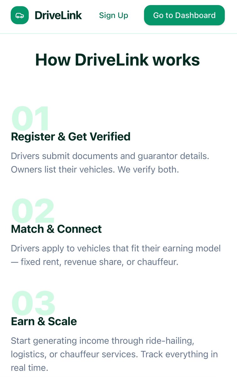 imjitttt's tweet image. Do You know about DriveLink?

DriveLink connects professional drivers with vehicle owners, creating jobs, boosting income, and making commercial transport seamless in Nigeria. Solving unemployment &amp;amp; mobility, one ride at a time! 😎🚘 #Drivelink