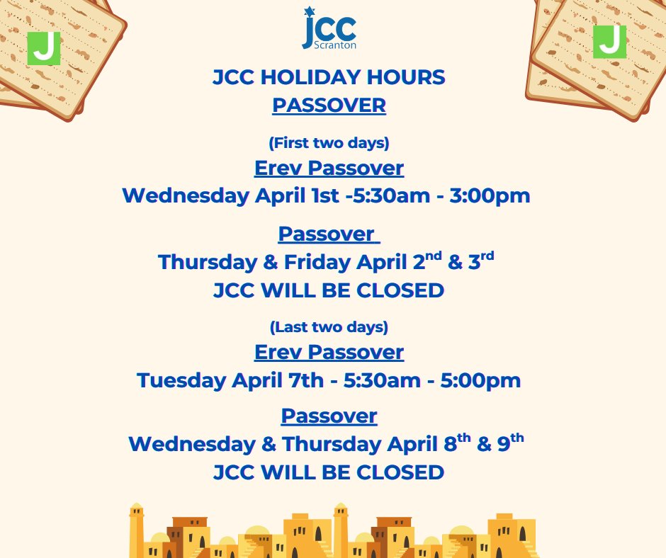 The Jewish holiday of Passover is a couple weeks away! Please take a moment to review our upcoming holiday hours.