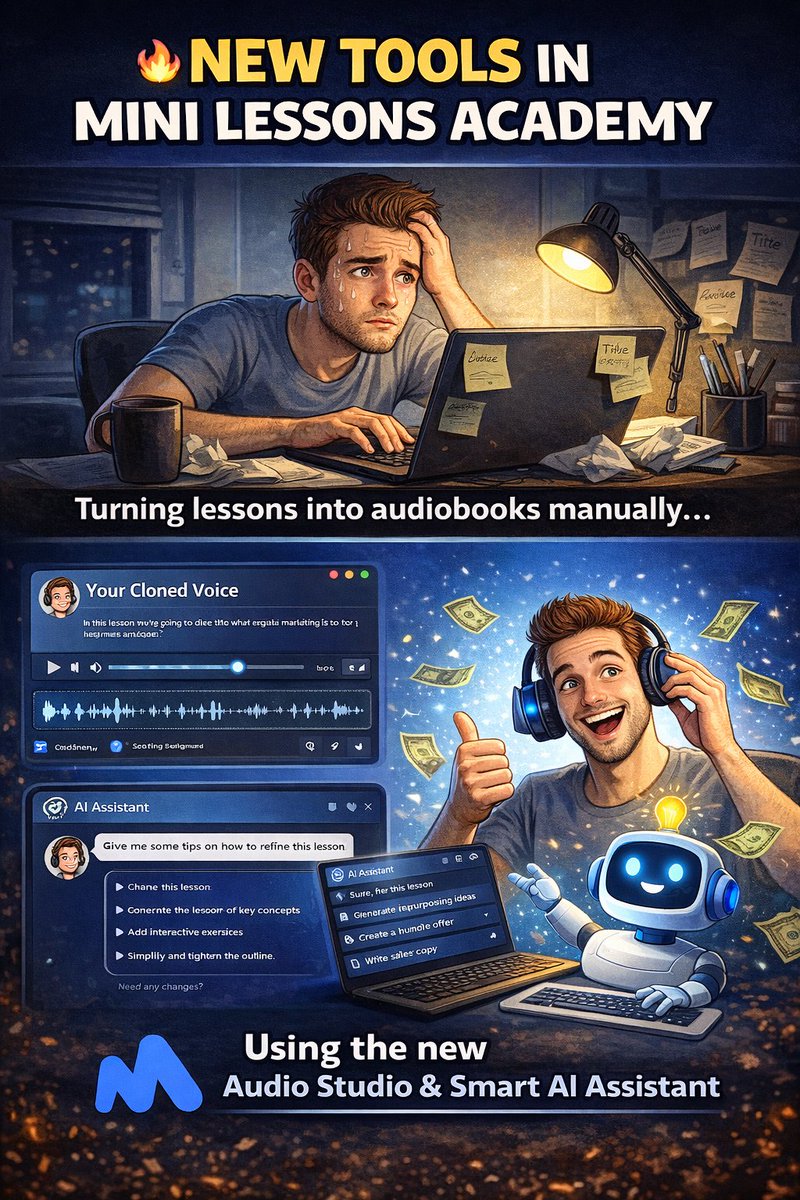 minilessonsacad's tweet photo. Ever tried turning a lesson into an audiobook manually?

Write → record → edit → export → fix mistakes → repeat.

Yeah… it gets messy.

That’s why we built Audio Studio + Smart AI Assistant inside Mini Lessons Academy.

#AIforCreators #MiniLessonsAcademy #OnlineCourses https://t.co/4flVoAKRNn