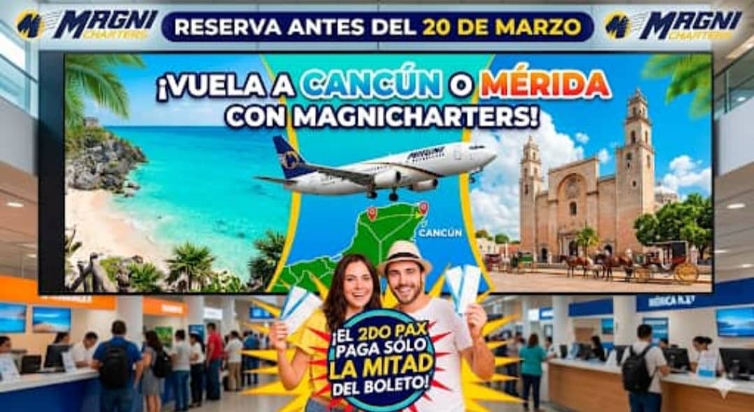 SanCristobalSA's tweet photo. 🧳Recordamos esta increíble oferta, disponible hasta mañana 20 de marzo!!!

Aquí te contamos 👇

✈️Vuelos a Mérida y Cancún, México, el 2do pax paga solo la mitad del boleto 🎟️.

Los esperamos en los Buró de Ventas de #ViajesSanCristóbal 💪 https://t.co/6yemMEfnQQ