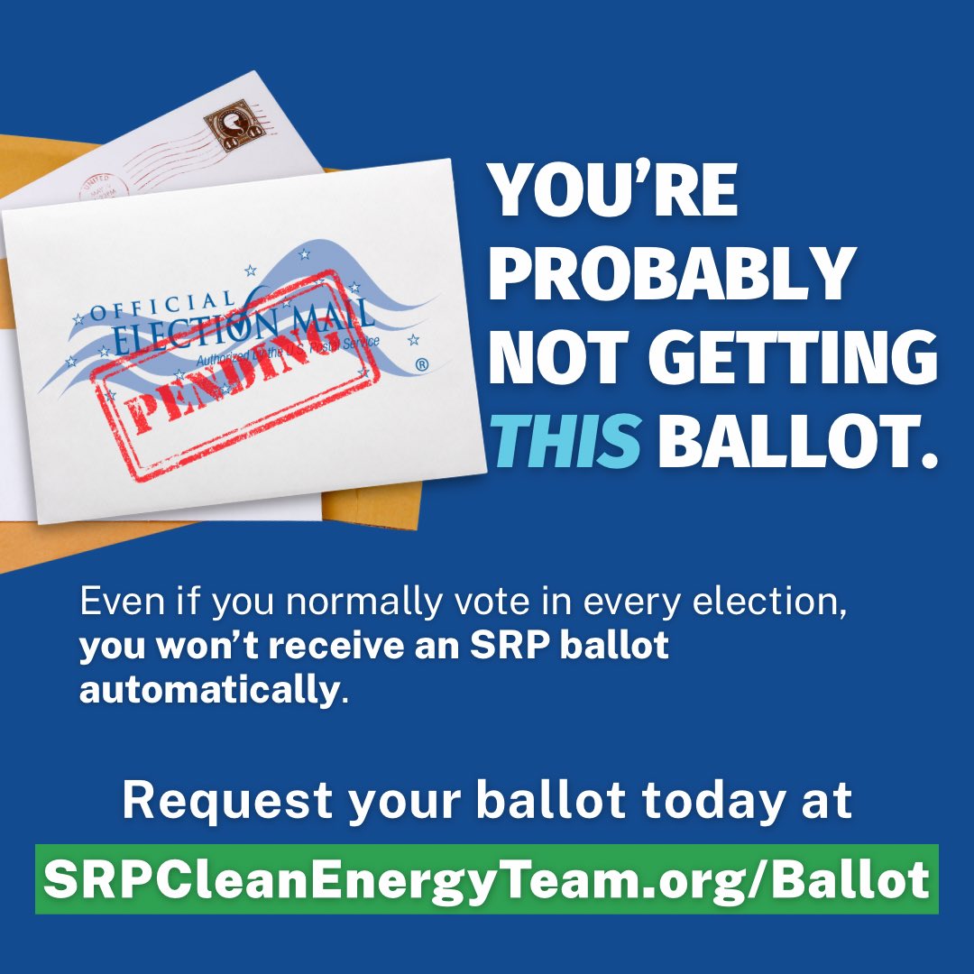 caseyclowesaz's tweet photo. Did you know SRP elections are separate from city, state, and local elections? Even if you normally vote in every election, you won’t receive an SRP ballot automatically. If affordable, clean power matters to you, request your ballot and sign up for the SRP Permanent Early Voting List today at https://t.co/e8gE3TIpfs