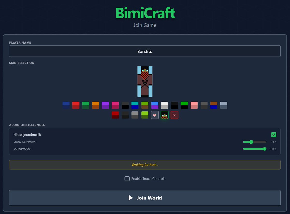 Das aktuelle Startmenü für den Host und Client, gespielt wird direkt im Browser und die Clients müssen die IP des hosts eingeben: