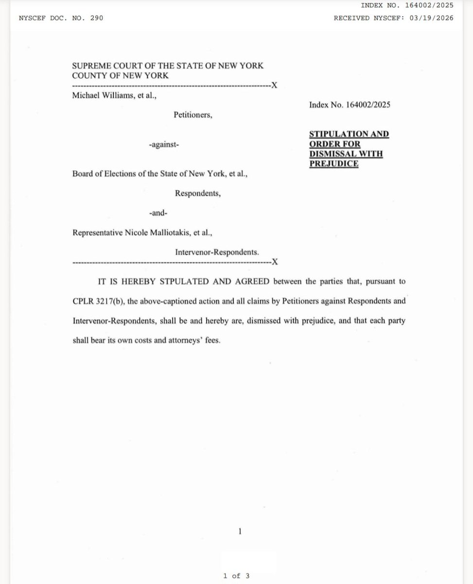 GOPRedistrict's tweet photo. Update:
In a win for the Constitution and for voters, the petitioners in Malliotakis v. Williams dismissed their lawsuit with prejudice. Judge Pearlman signed the order of dismissal. https://t.co/N172s73j0l