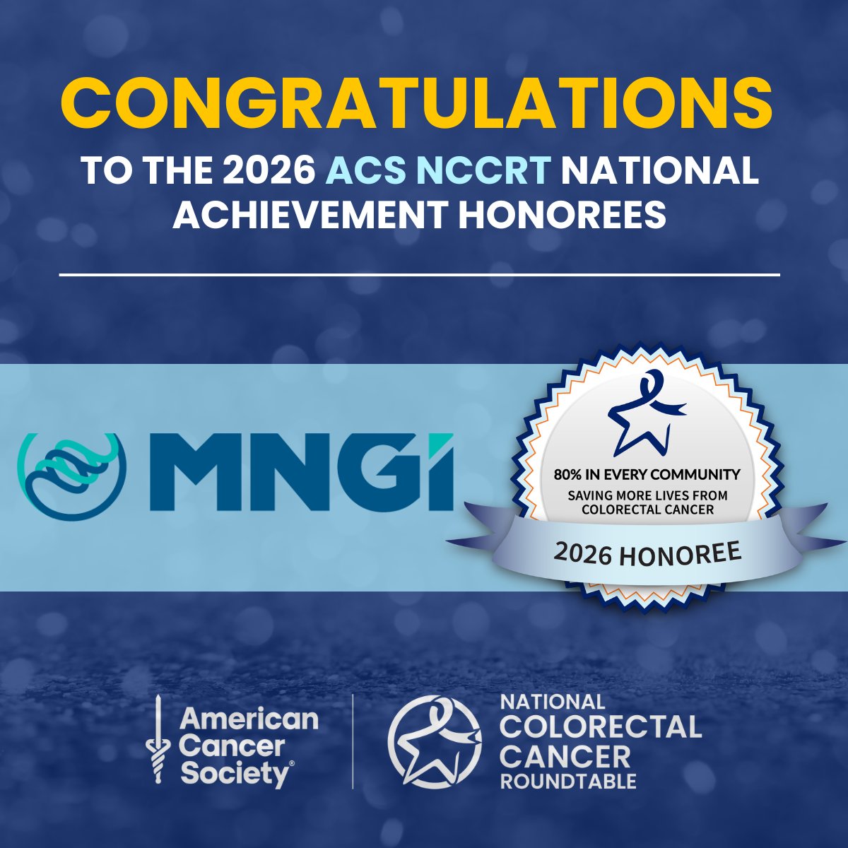 NCCRTnews's tweet image. Finally, join us in celebrating @MNGIhealth, another incredible honoree for the 2026 ACS NCCRT National Achievement Awards! Their dedication to #CRC screening, follow-up after a positive stool-based test, &amp;amp; serving the uninsured is making a lasting impact. nccrt.org/2026-awards