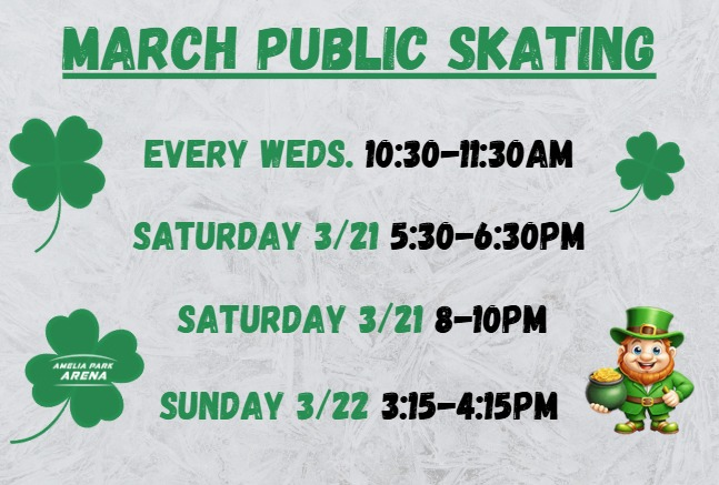 Public Skates left for March 🍀
Including a last-minute addition at 5:30pm for Saturday!!