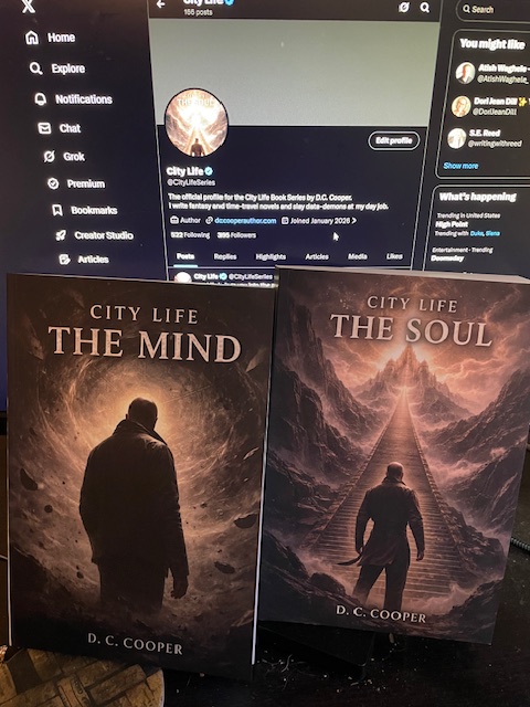It's cool to have your own books, in print, in front of you. #indieauthor These were done through Ingram
#writingcommunity #readingcommunity 
Get a free snip of the first book at my site dccooperauthor.com
