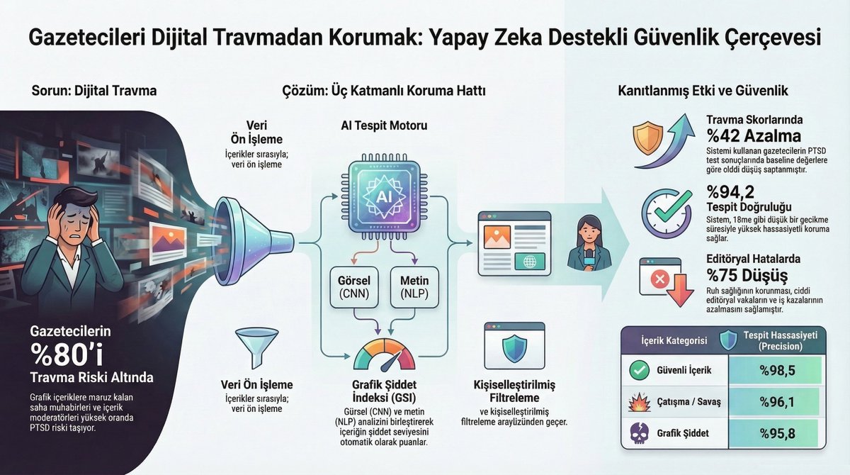 Gazetecilerin Ruh Sağlığını Yapay Zeka ile Korumak Mümkün Mü? 🛡️🤖

Günümüzde gazeteciler, dijital içeriklerin hızı ve yoğunluğu nedeniyle ciddi bir "Dijital Travma" riskiyle karşı karşıya. Yapılan araştırmalar, saha muhabirlerinin ve içerik moderatörlerinin %80'inin PTSD (Travma