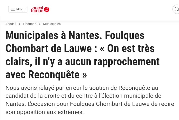 Cas typique d'incompétence journalistique : OuestFrance sort un article affirmant que le tweet ci-dessous acte le soutien officiel de <a href="/Reconquete_off/">RECONQUÊTE !</a> au candidat LR à Nantes.

Il leur aurait pourtant suffit de lire la biographie de ce compte, mais c'était sûrement trop compliqué.