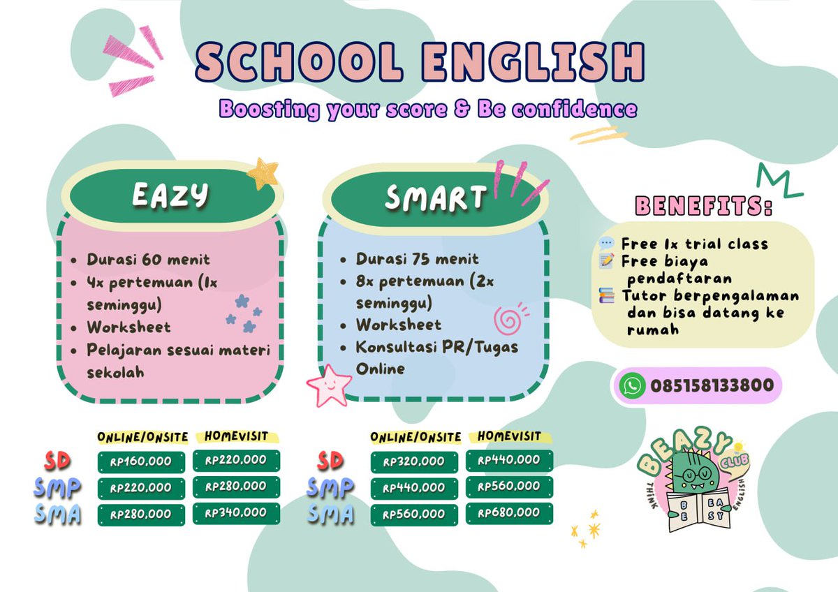 beazyclub's tweet image. 💬 SCHOOL ENGLISH

FYI GUYSS, ini kelas pertama yg ada di BEAZY hlooo 🙀 YESS! Bahasa Inggris privat khusus materi sekolah, mulai dari kurikulum merdeka - cambridge ✨️ Bisa home visit / online 😻 Fix bakal paling unggul kalo di kelass 🤩🔥

🖇 more info: msha.ke/bzclub