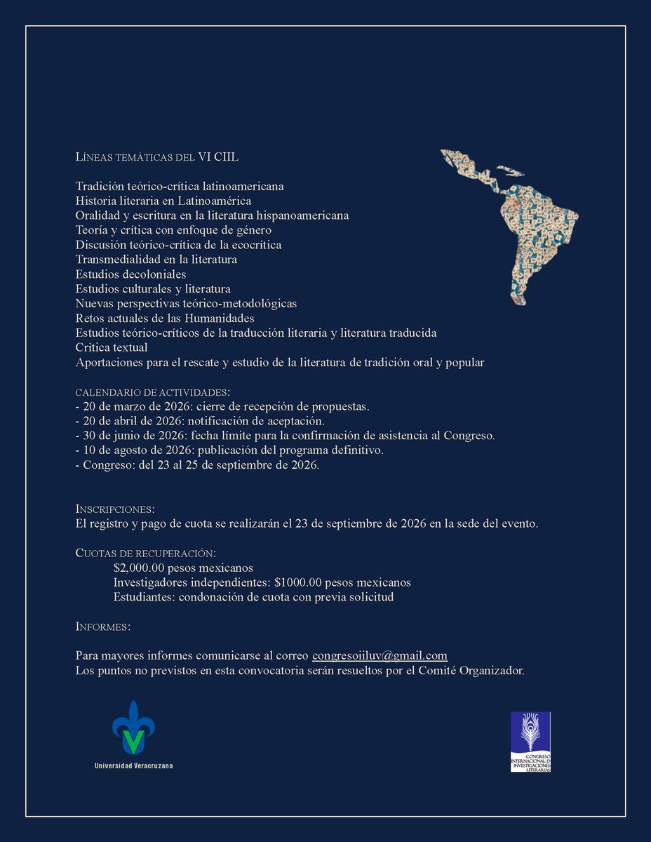 ⚠️ ¡Cierre de convocatoria mañana!
Envía tu propuesta para el VI Congreso de Investigaciones Literarias.
Asegúrate de enviar antes del cierre:
✅Título de tu propuesta.
✅Resumen.
✅Síntesis curricular.
¡Esperamos contar con tu valiosa participación!