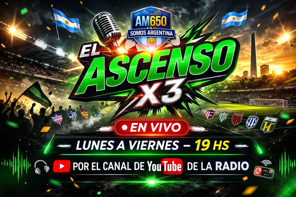 🚨 ATENTOS - HOY HAY PROGRAMA🚨
⏰ 19 HS

⚽️ TODA la INFO del Fútbol de ASCENSO.

📻 Escuchala x AM 650 "Somos Argentina" 🇦🇷
 
🔴 Miralo en You Tube: 
youtube.com/@am650somosarg…

👤<a href="/DanielCacioli/">Daniel Cacioli</a>