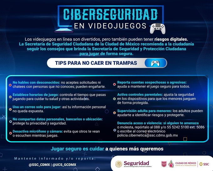 OVIALCDMX's tweet image. 🎮 🛜 Que jugar no se convierta en un riesgo, recuerda cuidar tus datos personales y supervisar a los menores cuando hacen uso de videojuegos. 

Conoce más recomendaciones de #Ciberseguridad: 👇🏼
goo.su/3EnNjn

#SSPC #Ciberguía
