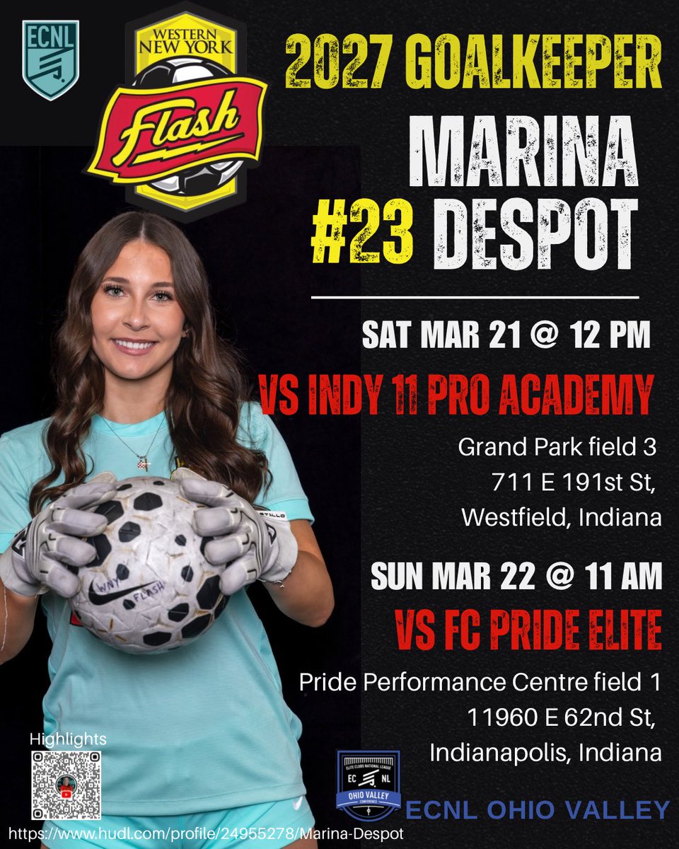 MarinaDespotGK's tweet photo. Indiana here we come! On the road with my @WNYFlashAcademy 09 ECNL team for games against the @IndyElevenAcad and @FCPride09G_ECNL squads in Westfield & Indianapolis this weekend.

Come check me out coaches - uncommitted 5’8” athletic, vocal and relentless 2027 goalkeeper looking for her college fit!

@ImYouthSoccer @IndStSoccer @BHSsoccerwomen @IndianaWSOC @iuindy_wsoc @PurdueSoccer @BallStateSoccer @TopDrawerSoccer @TheSoccerWire @TopPreps @PrepSoccer @BIGEAST @B1GSoccer @MACSports @FTFCanada__ @NCAASoccer @NcsaSoccer @SunilSportsNews @NewRecruitMedia @WNYFlash #Uncommitted2027 #2027gk