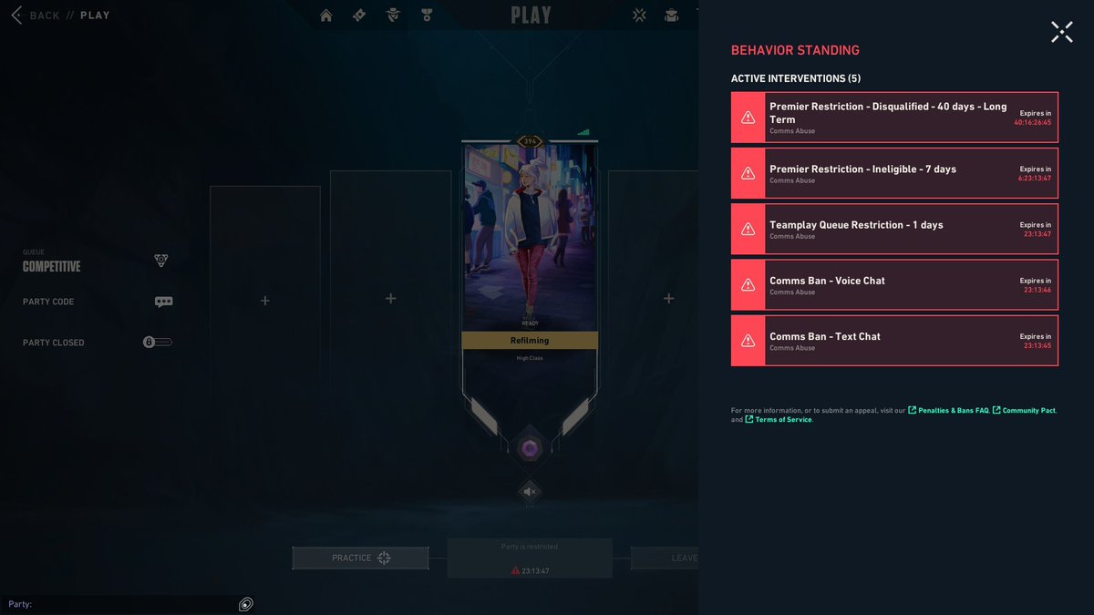 Destroyer100406's tweet photo. @RiotSupport the automated filter for VC gotta be tweaked a bit.... i wasnt insulting anyone, wasnt toxic to anyone. so i think getting a 40d premire + 1d comp ban/mutes is a bit far.... 😭 https://t.co/Ant0yOPekB