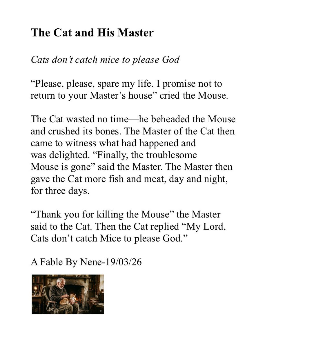 Nenejay7's tweet photo. Cats don’t catch mice to please God." 

A short fable by Nene on the true nature of loyalty, rewards, and the cold reality of the hunt.

#fable #WriteToLive #proverb https://t.co/JAAmZl5lwL