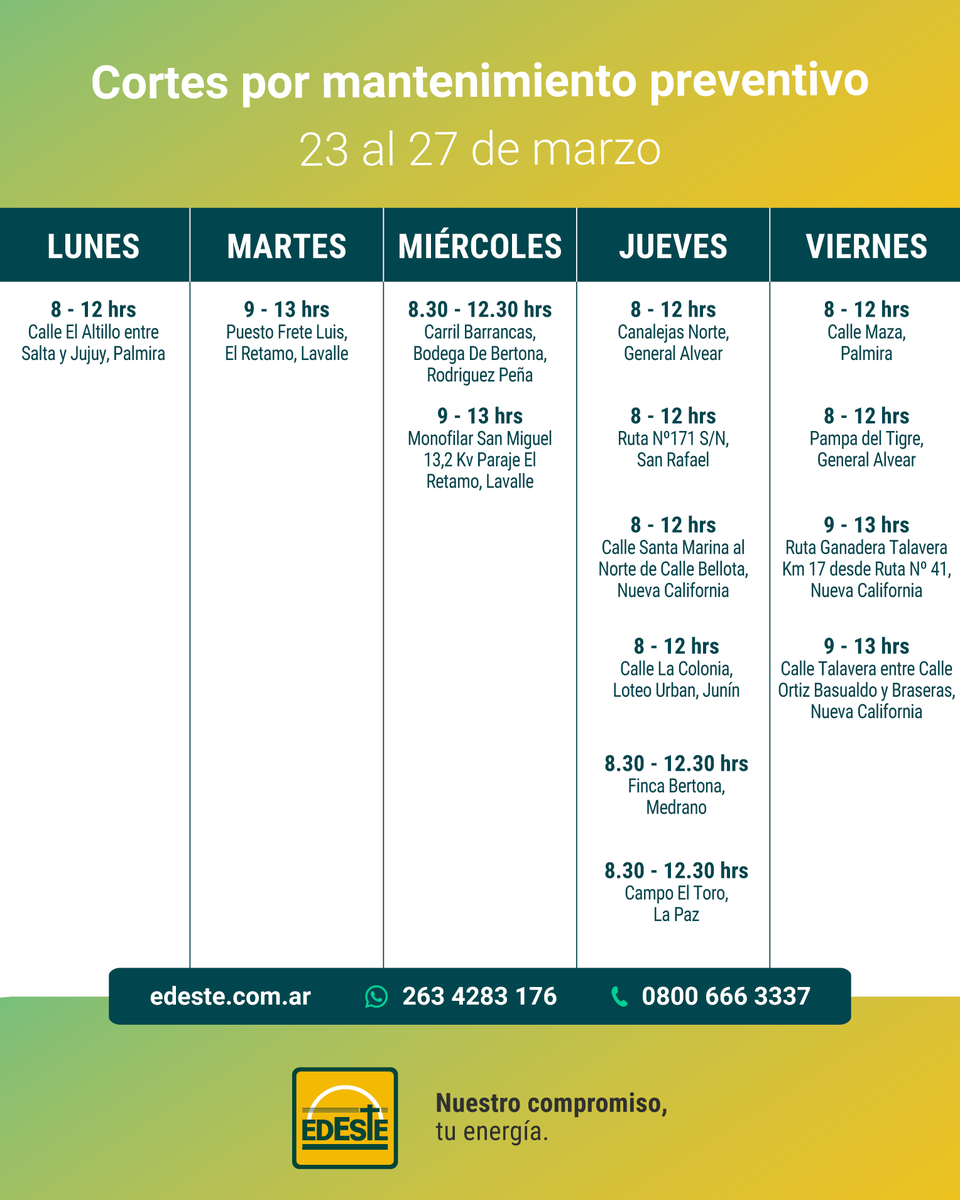 Edeste_mza's tweet photo. Buenas tardes! Les informamos los cortes programados para la semana que viene por razones de mantenimiento y mejoras del servicio ⚡️⚡️⚡️ https://t.co/b1GsYdQKar