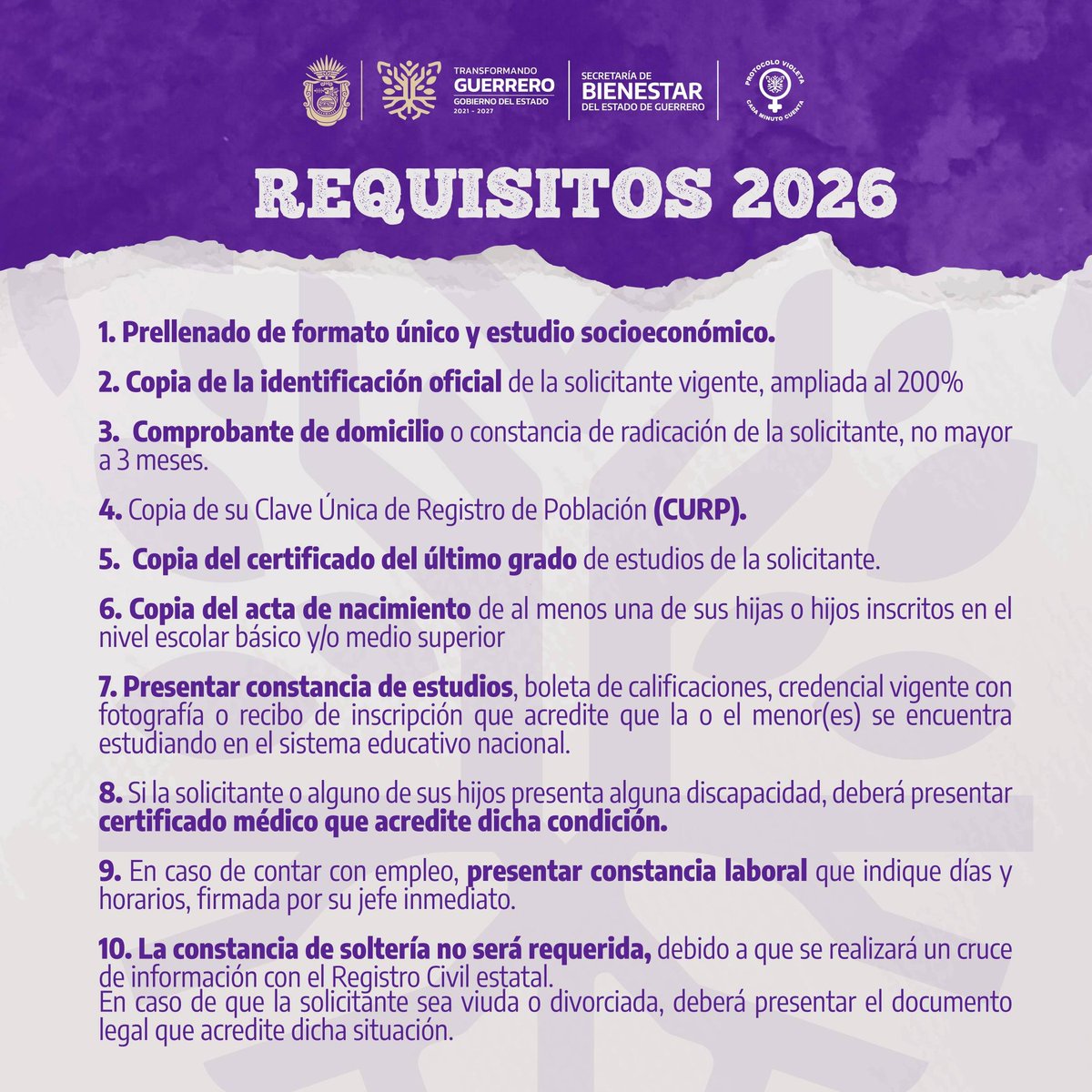 📣💜 ¡ATENTA INVITACIÓN!
El <a href="/Gob_Guerrero/">Gobierno de Guerrero</a> invita a participar en la convocatoria de nuevo ingreso al Programa de Tarjeta Violeta 2026.

📆 Registro del 18 de marzo al 17 de abril de 2026.
Descarga el formato de solicitud en:
guerrero.gob.mx/convocatoria/c…