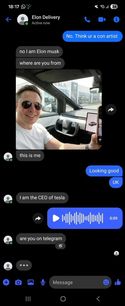 ahowarth84's tweet photo. @elonmusk Posing on Facebook! Instant scam. Shame, as when I got it id jus posted about being homeless soon https://t.co/ctlBVgpnEy https://t.co/TEd9vJlwwa