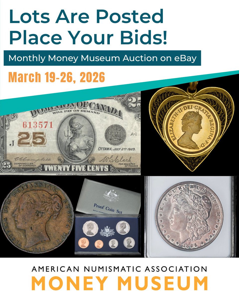 ANACoins's tweet image. Time to place your bids! 🙌🪙 This month’s eBay auction runs until Thursday, March 26. ANA members receive a 20% discount on winning bids (excluding gold coins). All proceeds support the @MoneyMuseumCS mission. View lots: ebay.to/4sljvUF #CoinCollecting #CoinAuction