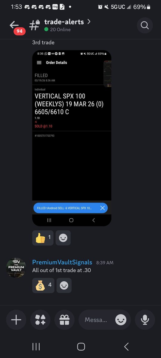 ThePremiumVault's tweet photo. 3/19/26 +$2,300 on the day. 3/3 trade alerts GREEN. Proof of trade alerts below.

#ThePremiumVault #TheStrat #optionstrading #trading #options #stocks #investing #daytrading #finance #thetagang #stocks #stockmarket #creditspreads #SPX #Magic8Ball #m8b https://t.co/YmKJq5x1Az