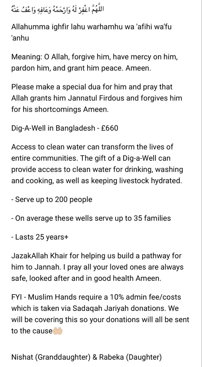itSzNishat_x's tweet photo. AsalamuAlayikum🤲🏻
During Ramadan my Nana returned to Allah. (Inna Lillahi Wa Inna Ilayhi Rajioon). To honour his memory we would like to build two  water wells in Bangladesh, as a form of Sadaqah Jariyah. Please donate/share and keep him in your duas😔❤️‍🩹

https://t.co/MZc9XJZkPo https://t.co/4sx8ro8lDQ